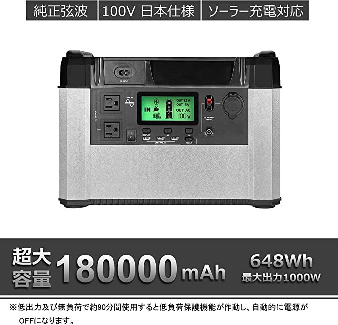 ポータブル電源 大容量 180000mAh 648Wh、AC100V定格消費電力1000W正弦波出力