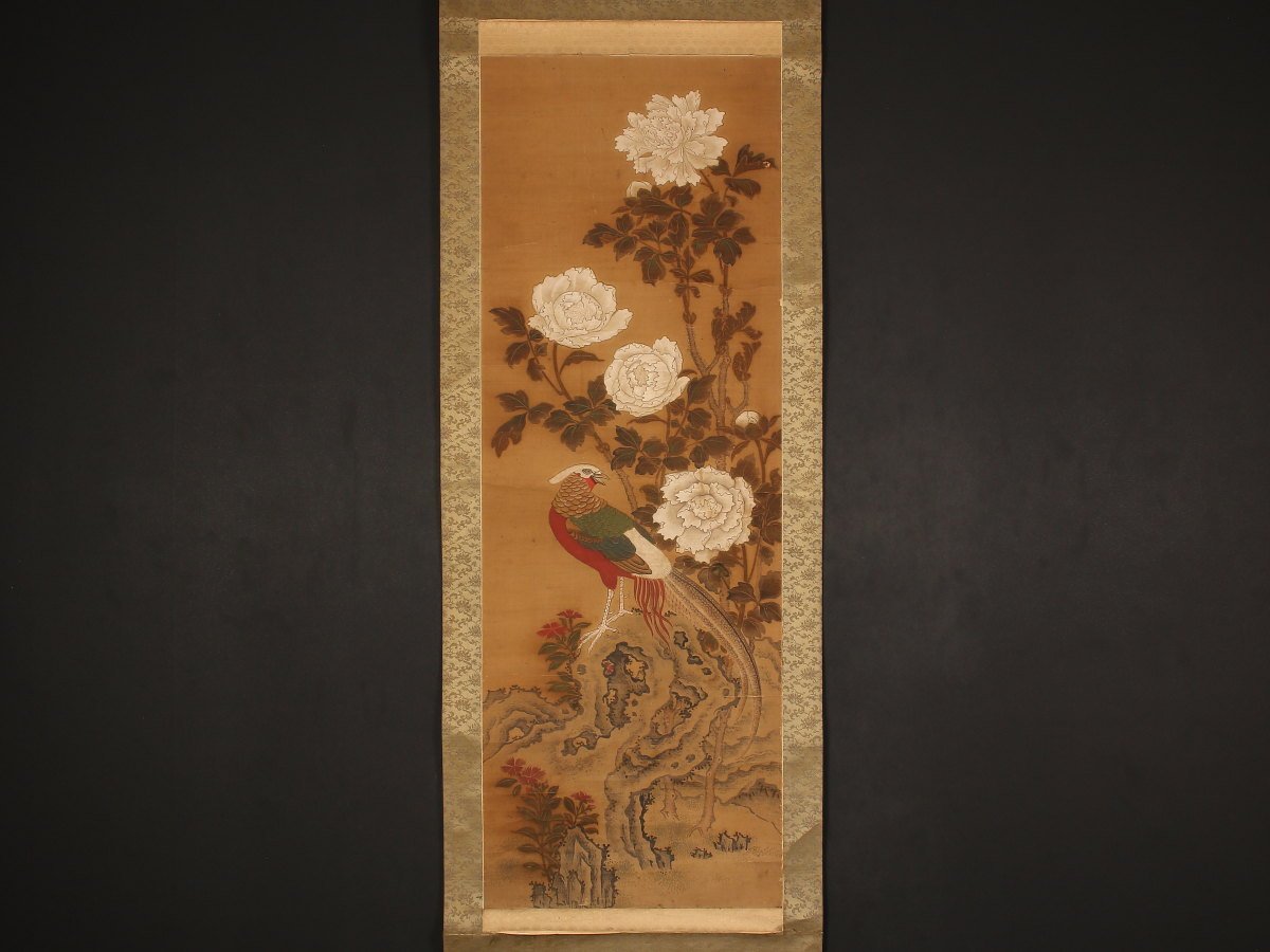 【伝来】ek3382 牡丹に錦鶏図 無落款