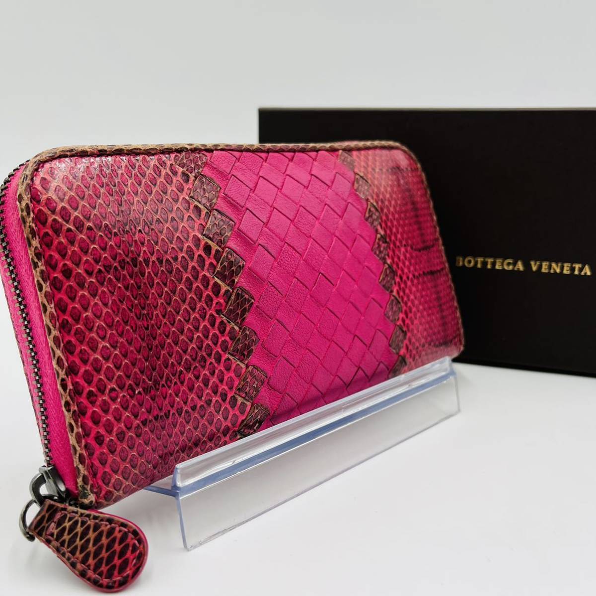 1円 【入手困難】 BOTTEGA VENETA ボッテガヴェネタ 長財布 イントレチャート ラウンド レザー パイソン ピンク レディース メンズ