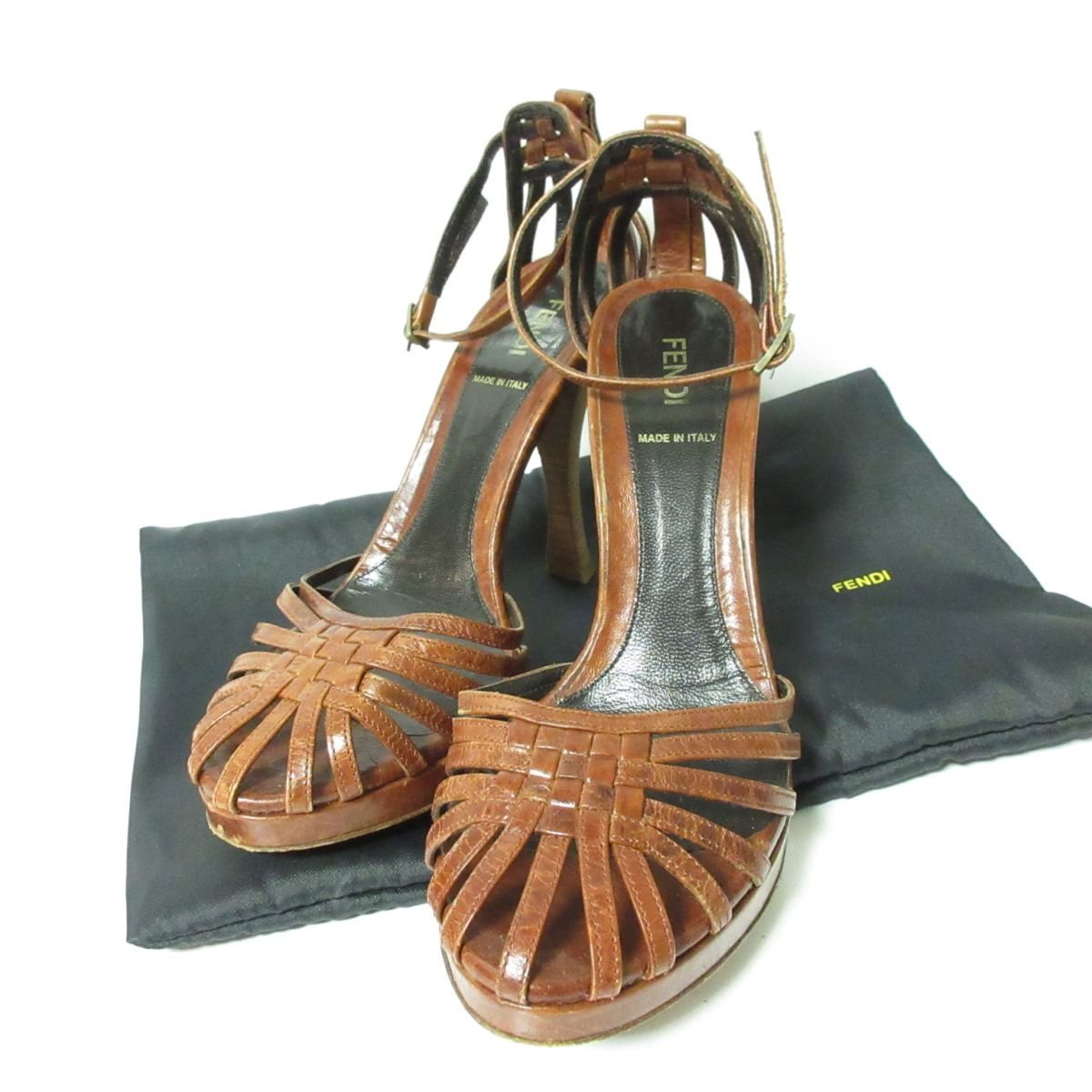 美品 FENDI フェンディ レザー 編込み アーモンドトゥ アンクルストラップ ハイヒール サンダル 38 約25cm ブラウン 茶系