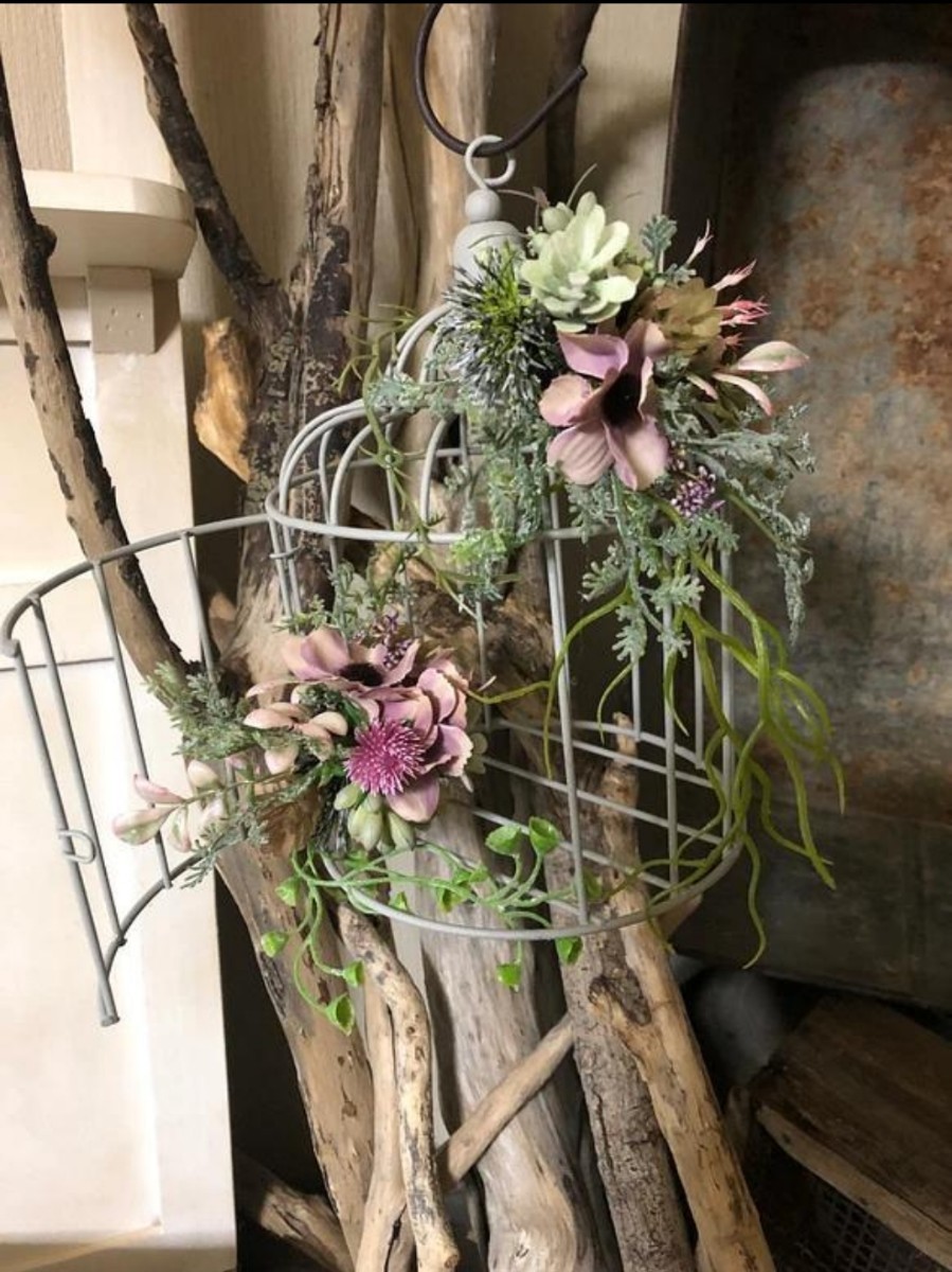 シャビーシックな鳥かご コサージュ スモーキーピンク アンティークフラワー インテリア お洒落 可愛い