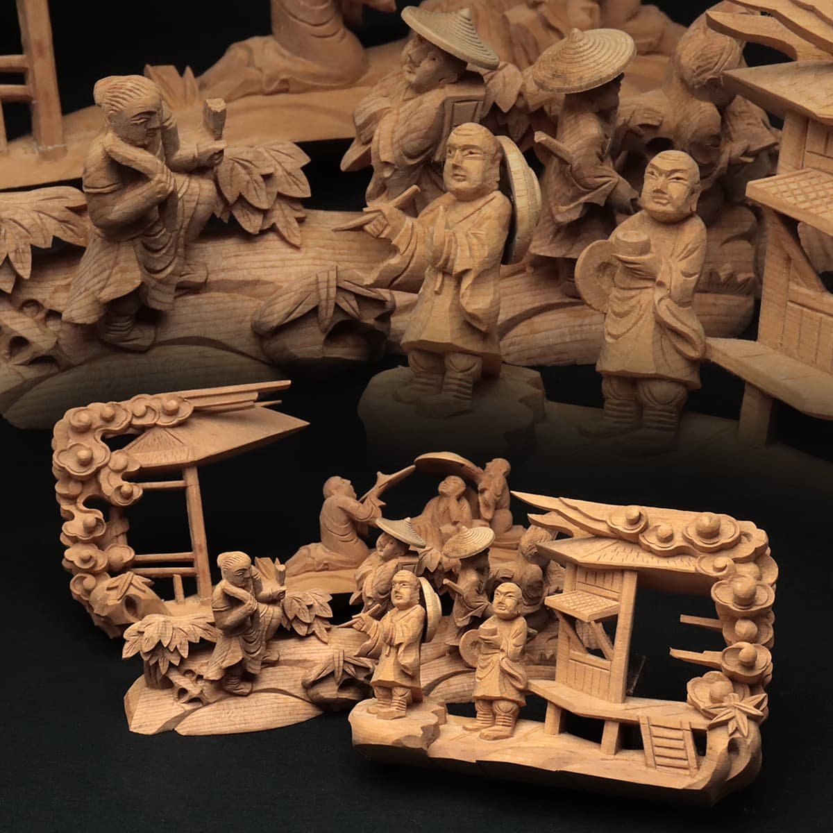 EK194 細密彫刻 彫刻欄間「雲僧侶図」幅21.5cm/15.8cm 三点 総重262g 