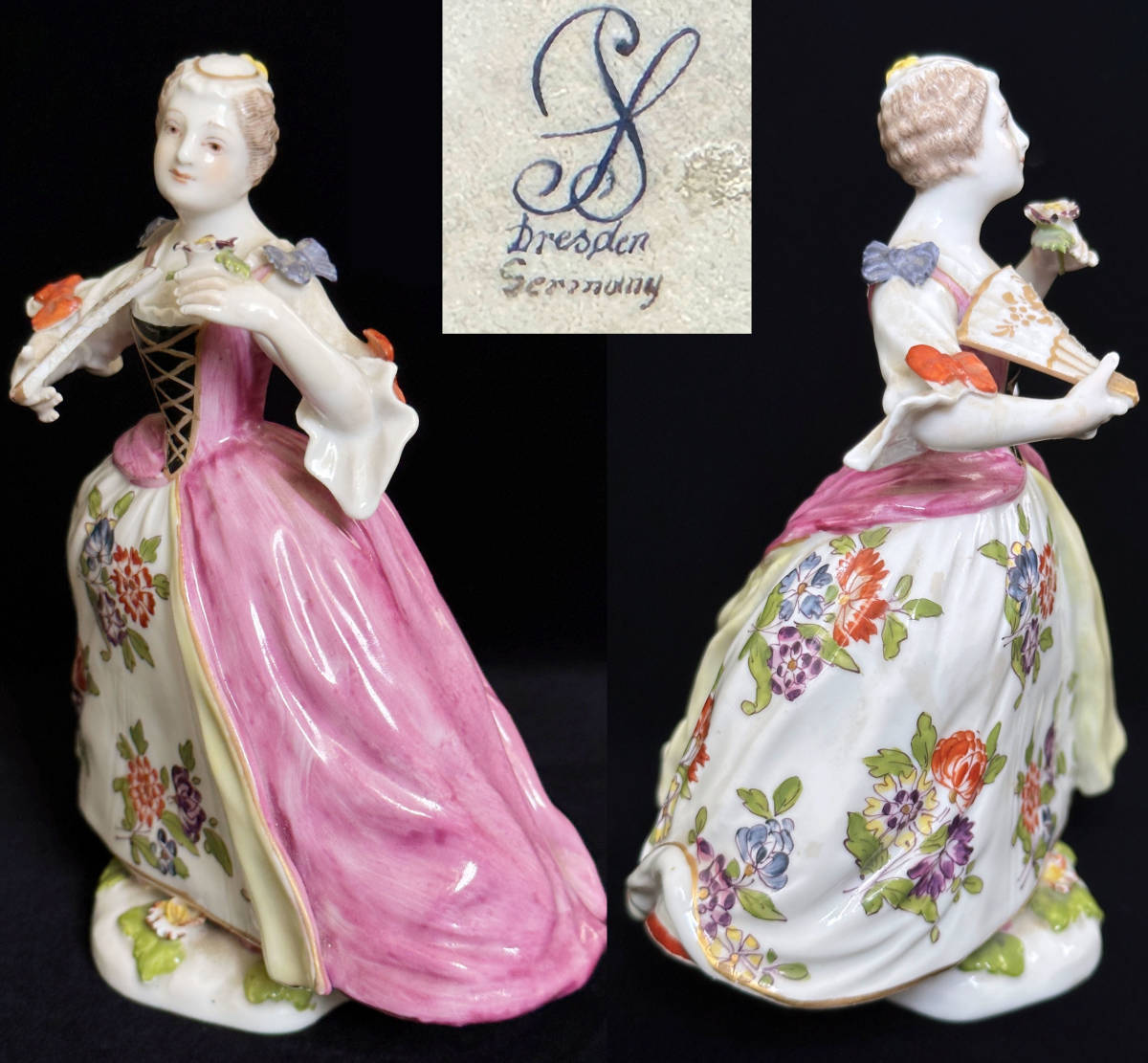 ドレスデン窯 扇子を持つ女性 フィギュリン 人形 フィギュリン レース
