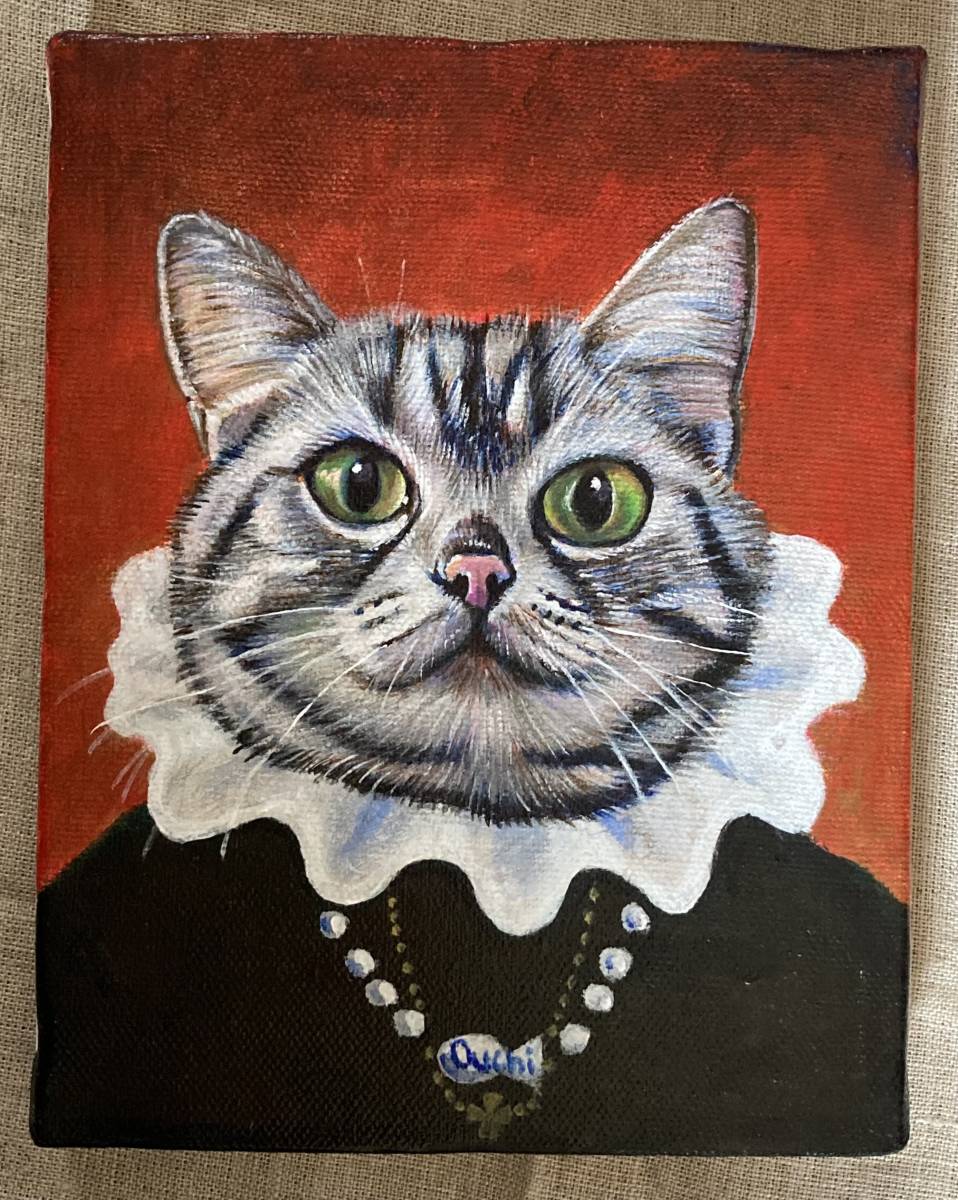 アメリカ人画家terry herb作　喉が渇く子猫　アクリル画 アメリカンショートヘア 絵画 アクリル画 猫のイラスト 真作 アート