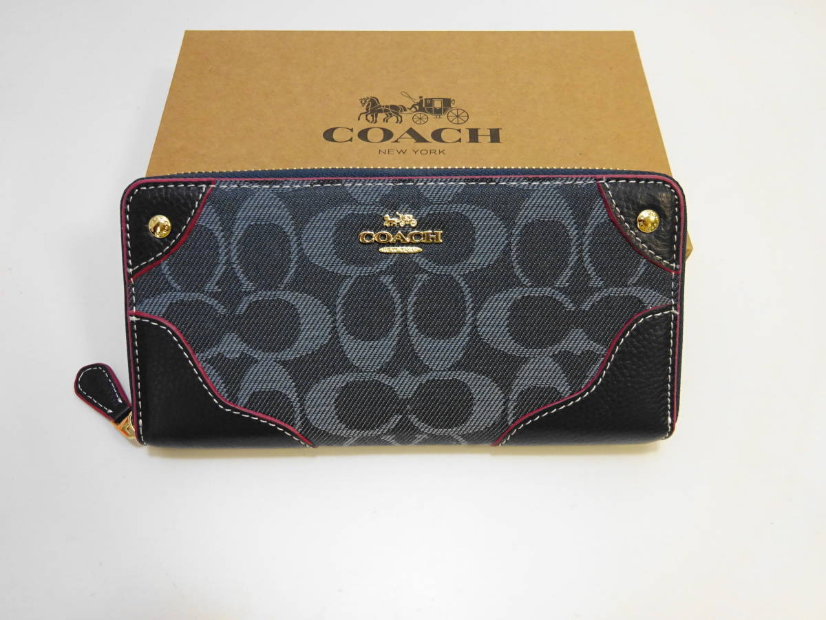 未使用 （８） コーチ coach ラウンドファスナー ジッピーウォレット 正規品 キャンバス 長財布 ネイビー シグネチャー 1円 スタート