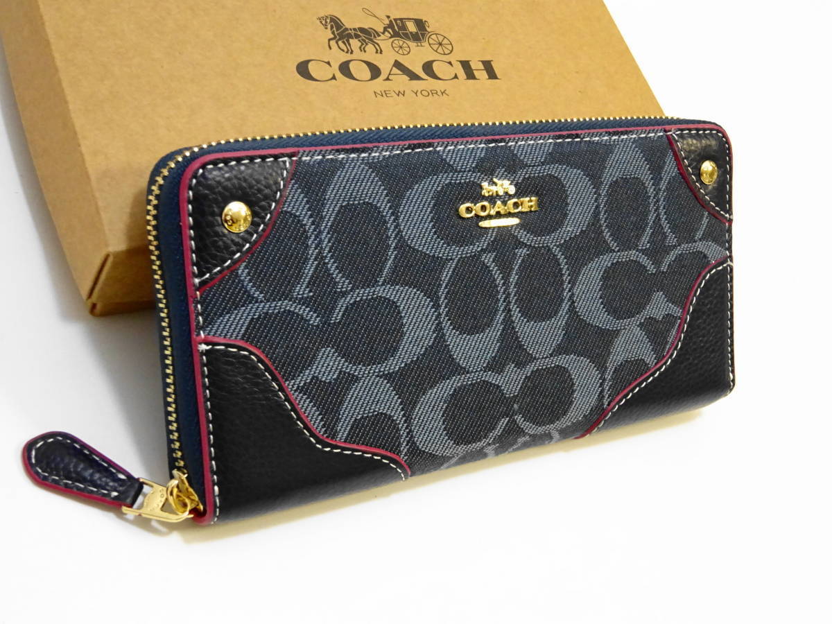 未使用 （８） コーチ coach ラウンドファスナー ジッピーウォレット 正規品 キャンバス 長財布 ネイビー シグネチャー 1円 スタート