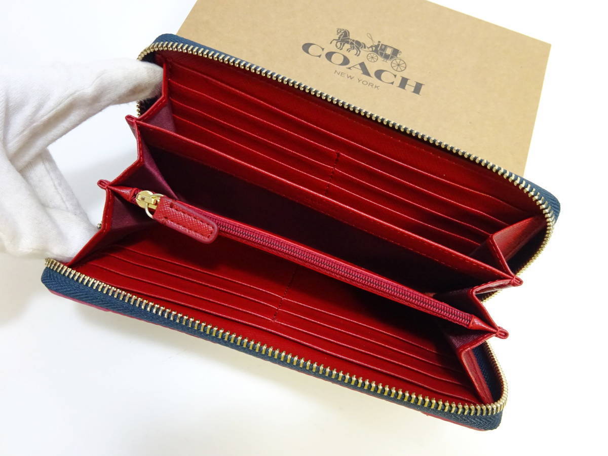 未使用 （８） コーチ coach ラウンドファスナー ジッピーウォレット 正規品 キャンバス 長財布 ネイビー シグネチャー 1円 スタート