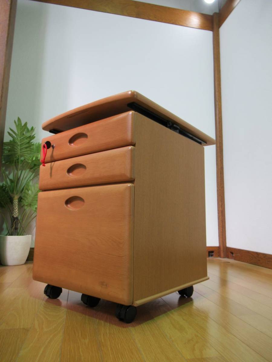 浜本工芸 ワゴン 引出 収納 鍵付 キャスター 楢材 木味 天板昇降式 袖  