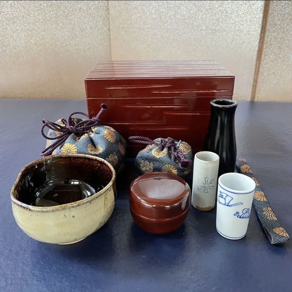 飛騨春慶塗 茶道具 茶箱 象牙茶杓 双鳥華紋）未使用 仕覆（正