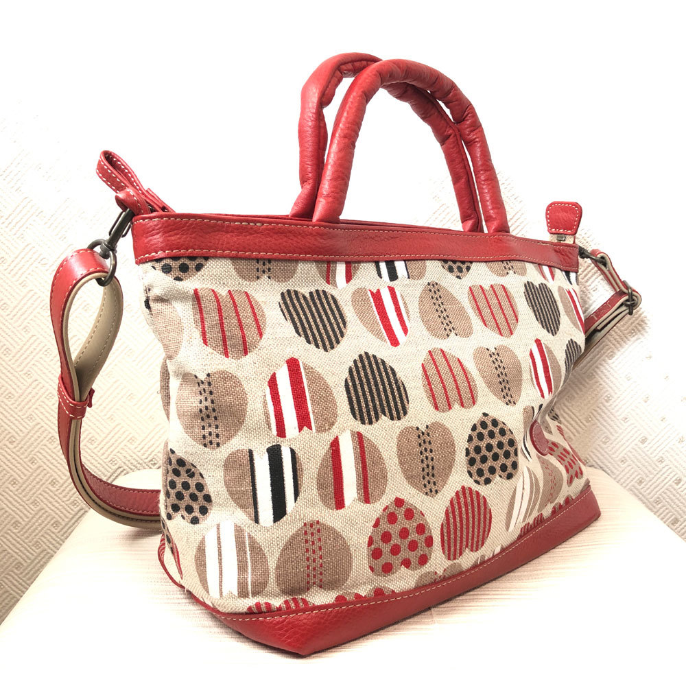 未使用　IBIZA　イビサ　キャンバス（麻）×レザー　ハート柄　レッド　２WAY　バッグ　ショルダーバッグ　ハンドバッグ
