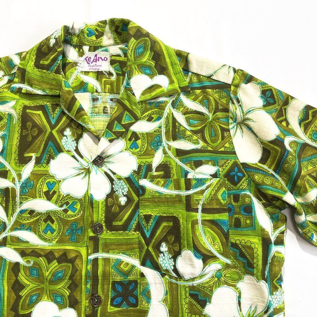 60s 70s ハワイ製 コットン 総柄 ハワイアンシャツ 黄緑 白 ビンテージ