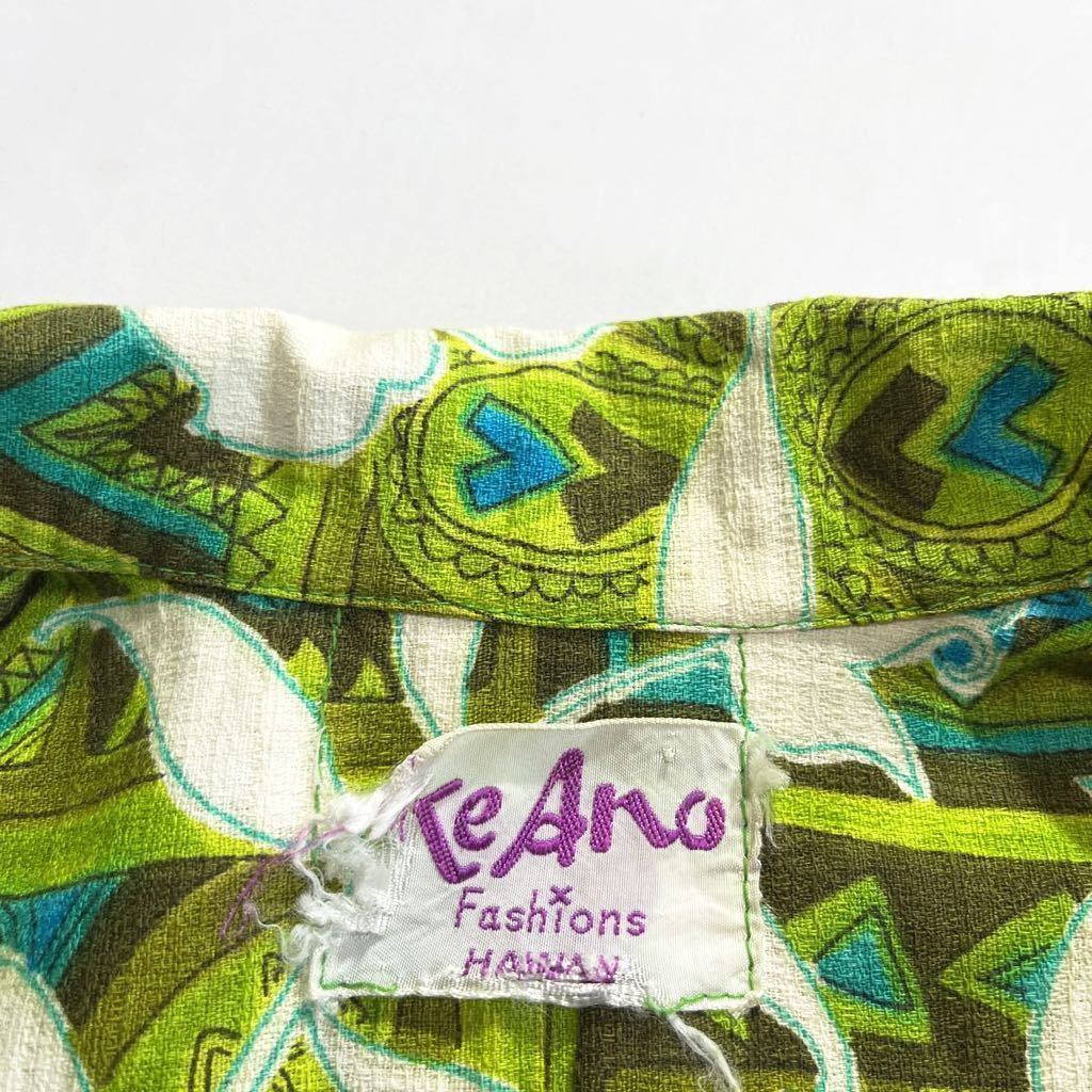 60s 70s ハワイ製 コットン 総柄 ハワイアンシャツ 黄緑 白 ビンテージ
