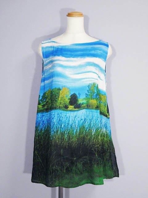 ☆美品2022☆sybillaシビラ/リネンシルクプリントチュニック定価3.9万:M/青系ys683