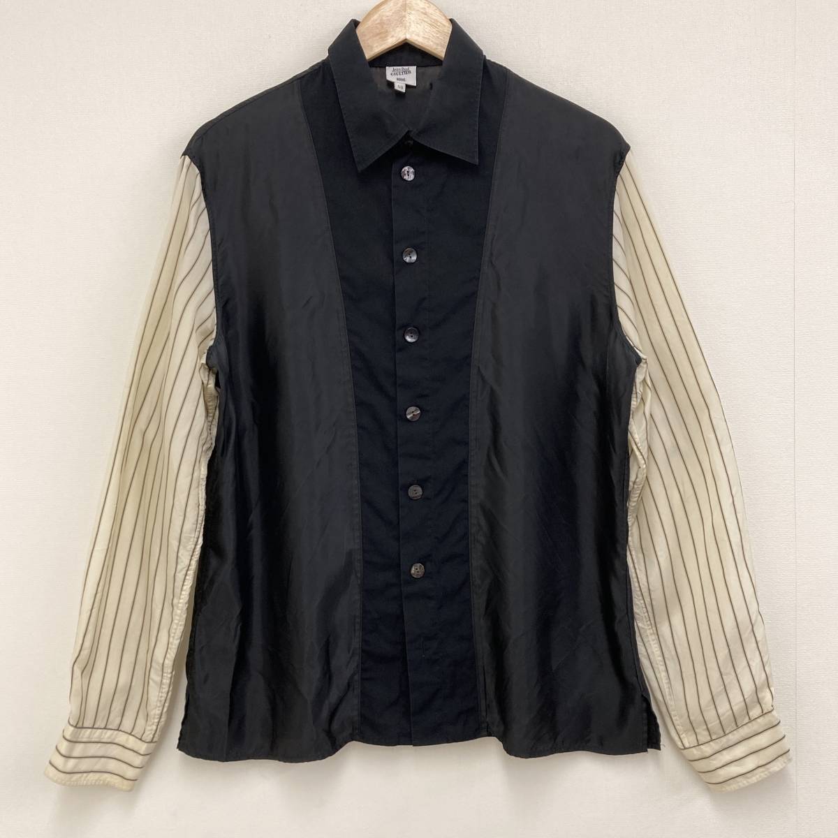 Jean Paul GAULTIER HOMME 長袖シャツ サテン 異素材 切替 ストライプ ブラック 50サイズ ジャンポールゴルチエオム 90s VINTAGE 3060162