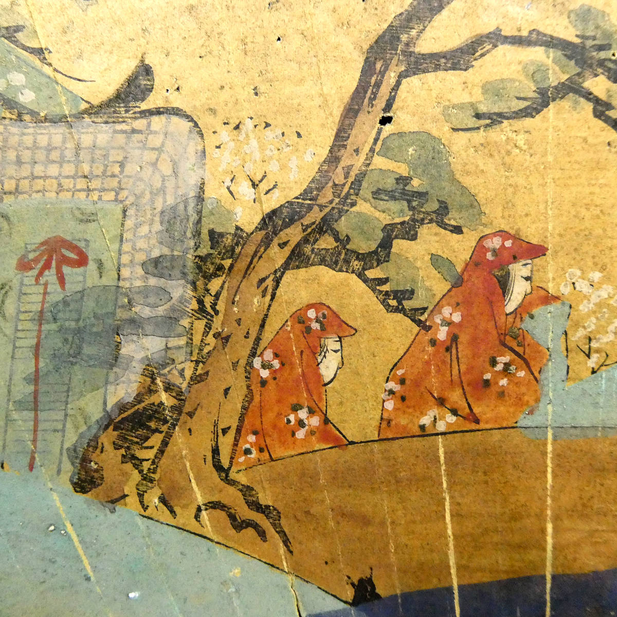 山桜 古画 扇絵 江戸時代 肉筆 扇面画 紙本彩色 牛車と女人 殿上人