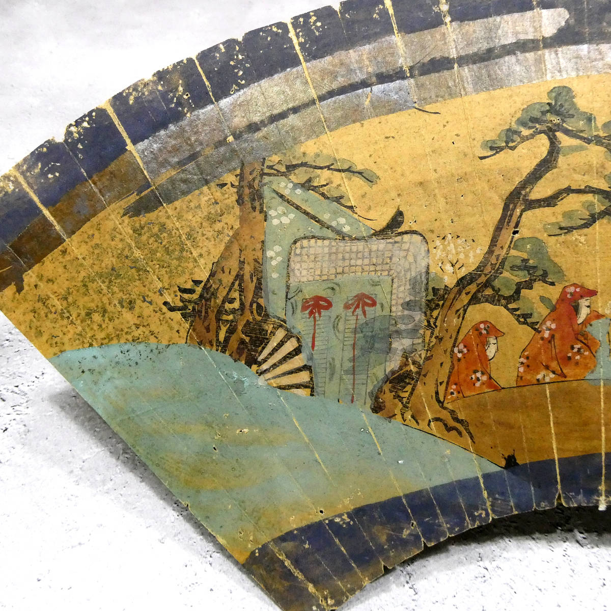 【 鉄扇 骨董 】　肉筆大和絵　武家　江戸～大正時代 山桜 古画 扇絵 江戸時代 肉筆 扇面画 紙本彩色 牛車と女人 殿上人
