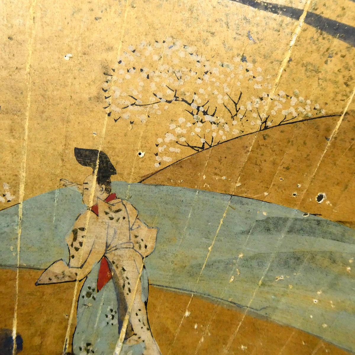 山桜 古画 扇絵 江戸時代 肉筆 扇面画 紙本彩色 牛車と女人 殿上人