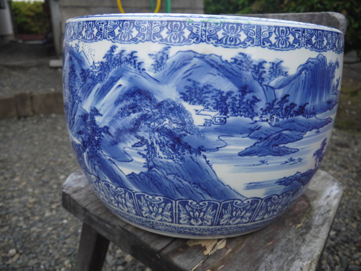 火鉢 陶器 山水画 睡蓮鉢 大型 メダカ鉢 丸火鉢 鉢カバー 花 A 水鉢 青