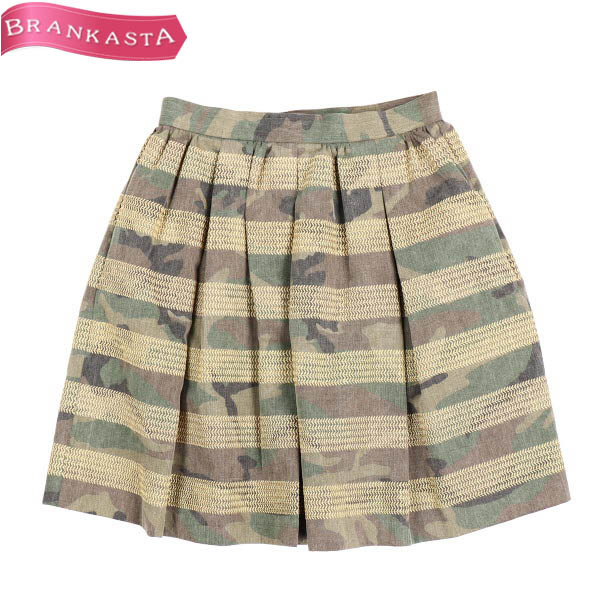 【美品】Lois CRAYON/ロイスクレヨン タックフレアスカート ボーダー刺繍×カモフラージュ柄 ラメ M カーキ系 [NEW]★41HB13