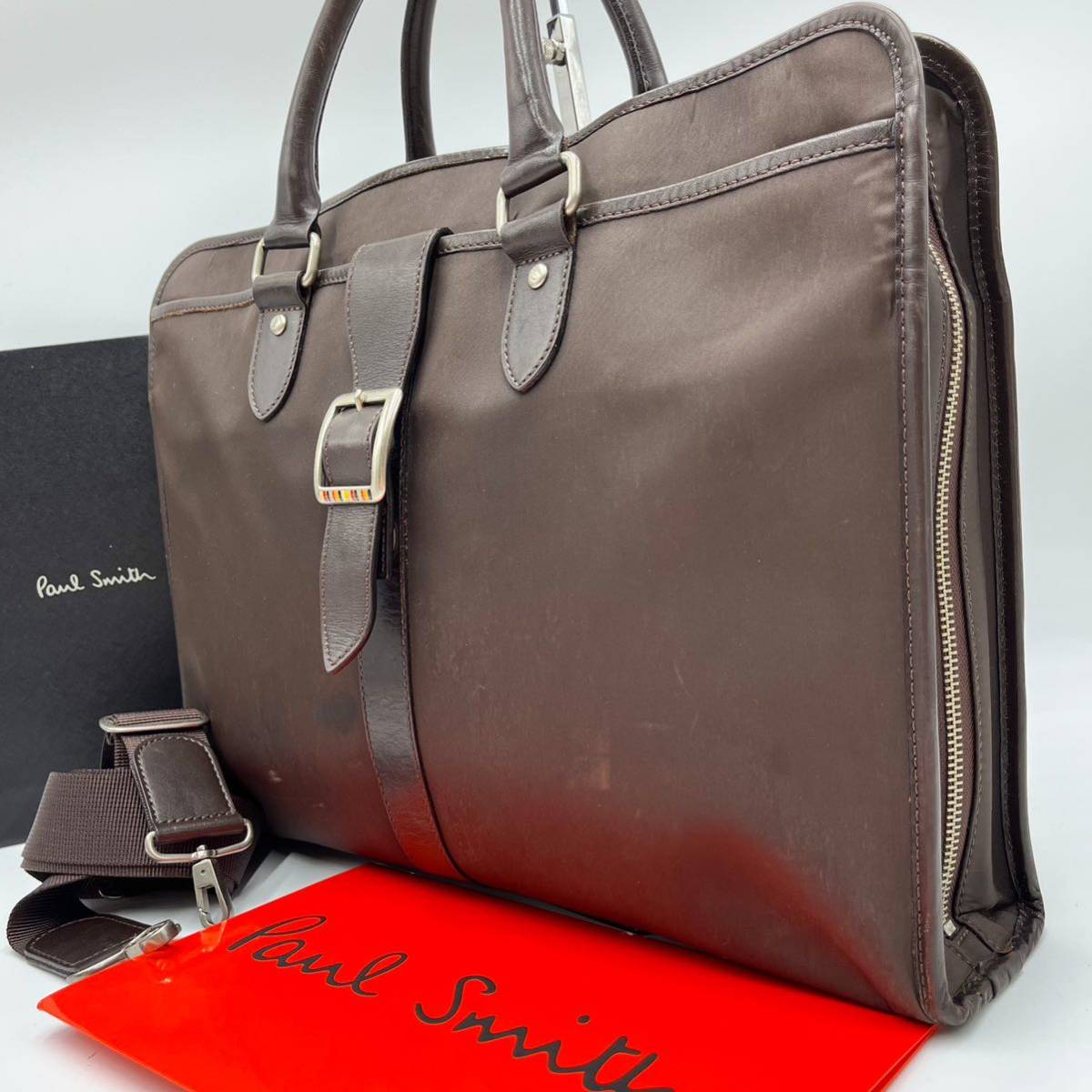 ポールスミス Paul Smith ビジネスバッグ 2way マルチストライプ金具 ブリーフケース 大容量 A4収納 ナイロン 本革レザー ブラウン メンズ