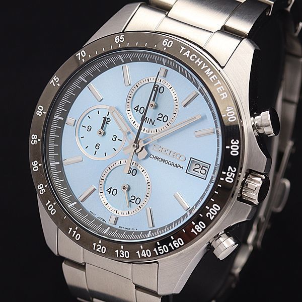 1円 稼働 良品 セイコー QZ 8T67-00C0 クロノグラフ 水色文字盤 デイト メンズ腕時計 NBY0624 3284000 NKG