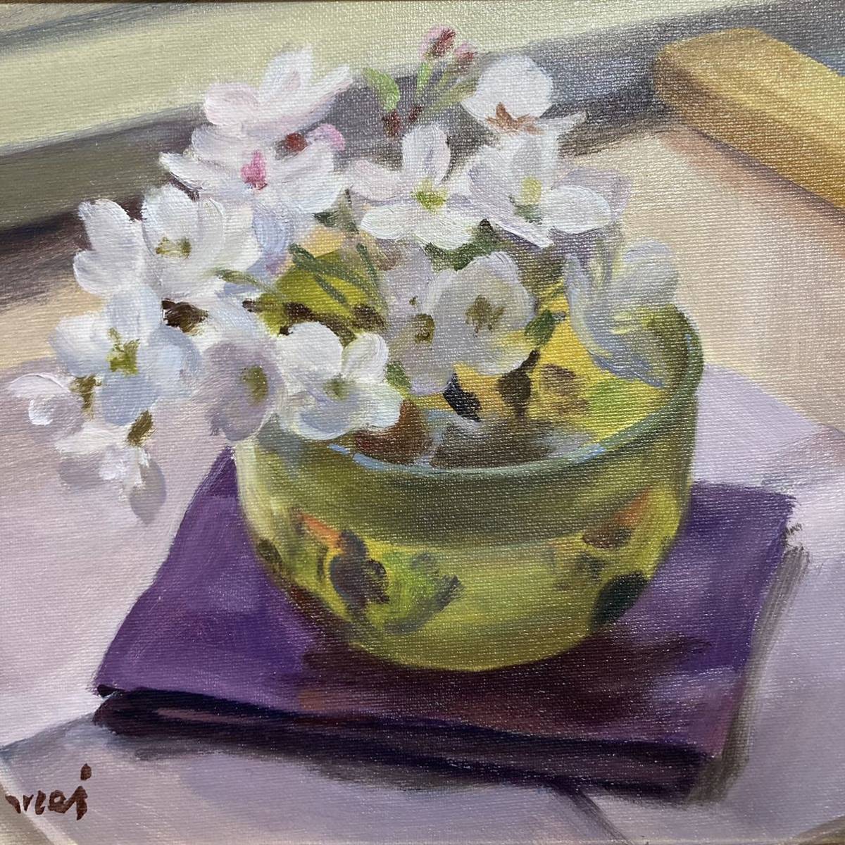 真作保証】池田清明「桜」油彩3号 直筆サイン 裏書き 画廊シール有り