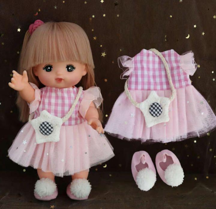 メルちゃん服 ソランちゃん チェックワンピース、星バッグ、靴の3点