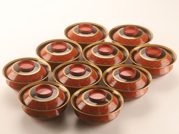 【流】木製漆器 変形 蒔絵吸物椀十客 箱付 KP554