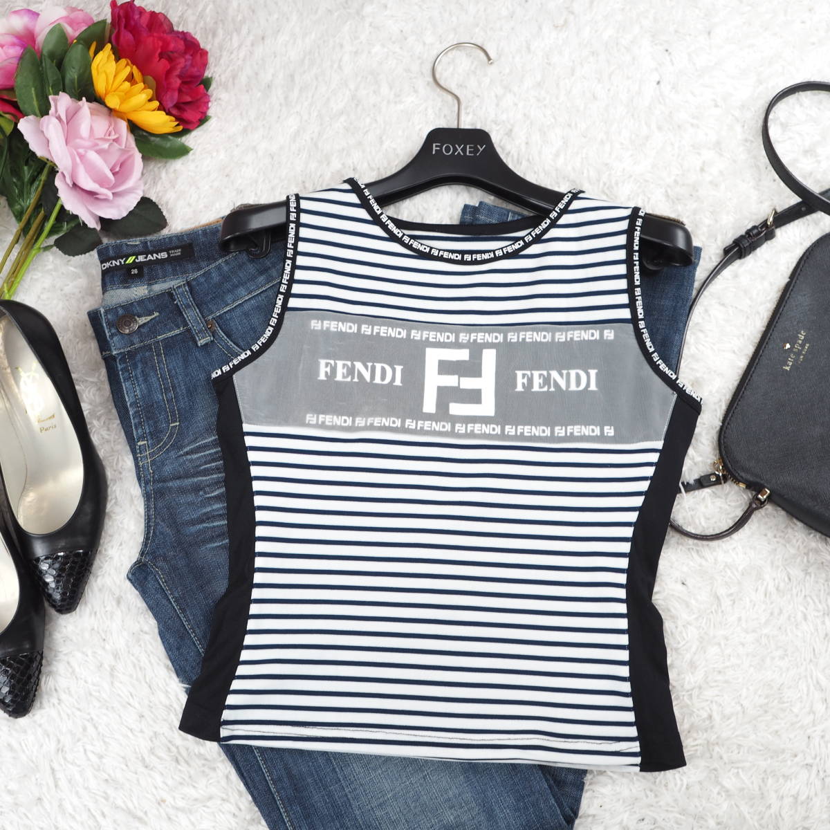 G1578*FENDI フェンディ☆ノースリーブ☆カットソー☆黒ブラック 白 
