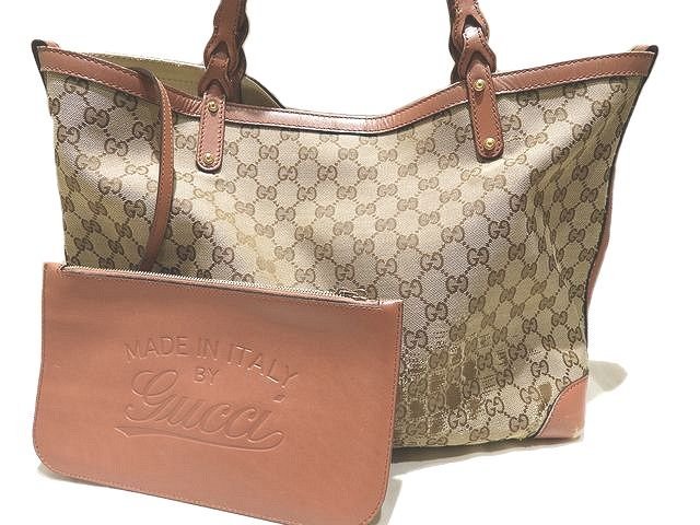 グッチ ポーチ付き トートバッグ ◇ 247209 GG キャンバス ベージュ系 × レザー ブラウン系 ▼ レディース メンズ 兼用 5F