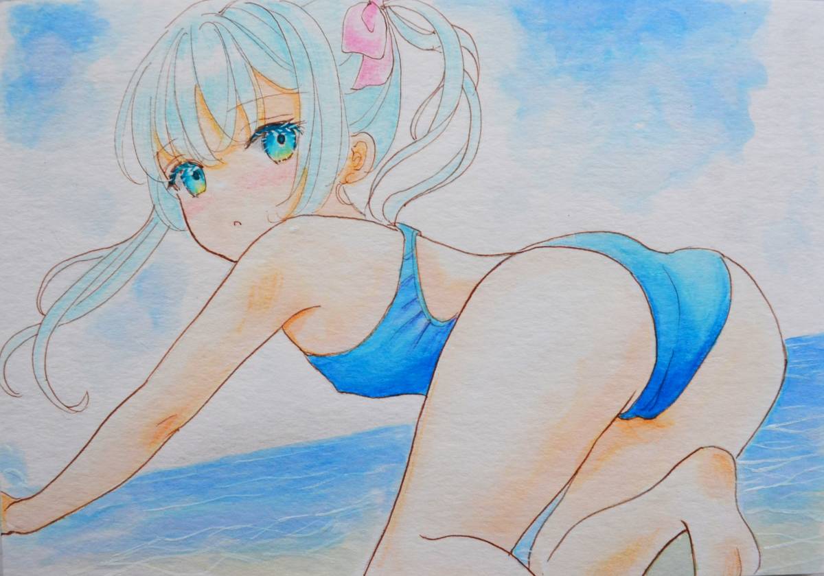 ☆A5大☆スクール水着☆海☆青髪☆ツインテール☆少女☆オリジナル