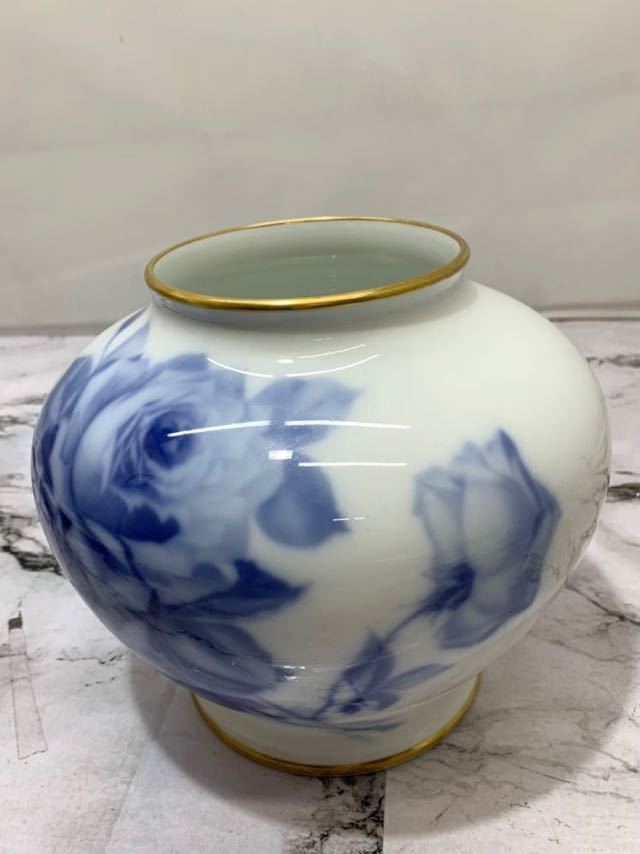 大倉陶園 ブルーローズ 花瓶 OKURA 花器 花生 金彩 - 皇室御用達 CHINA