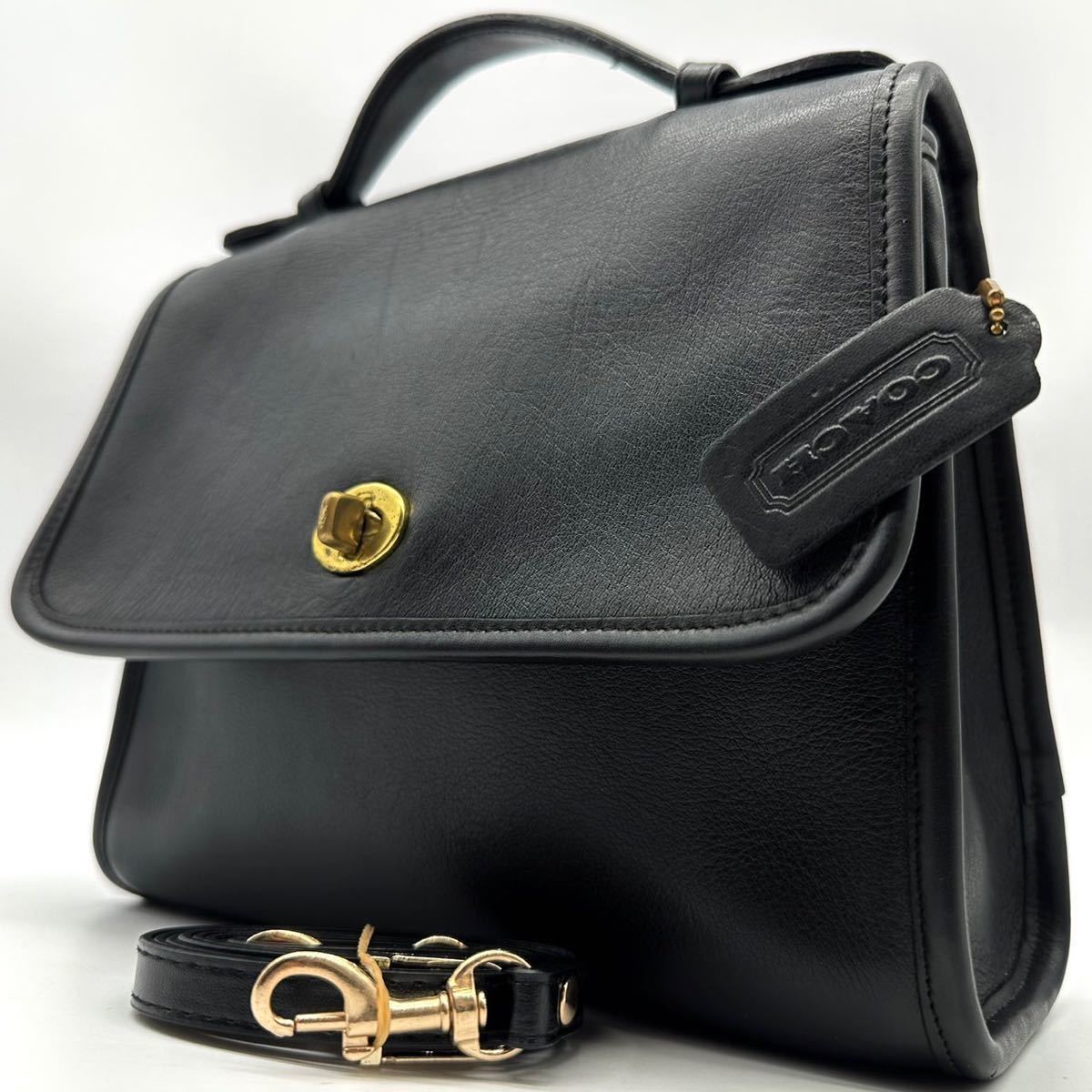 美品】old coach コーチ ハンドバッグ レザー ターンロック黒 金具 1円