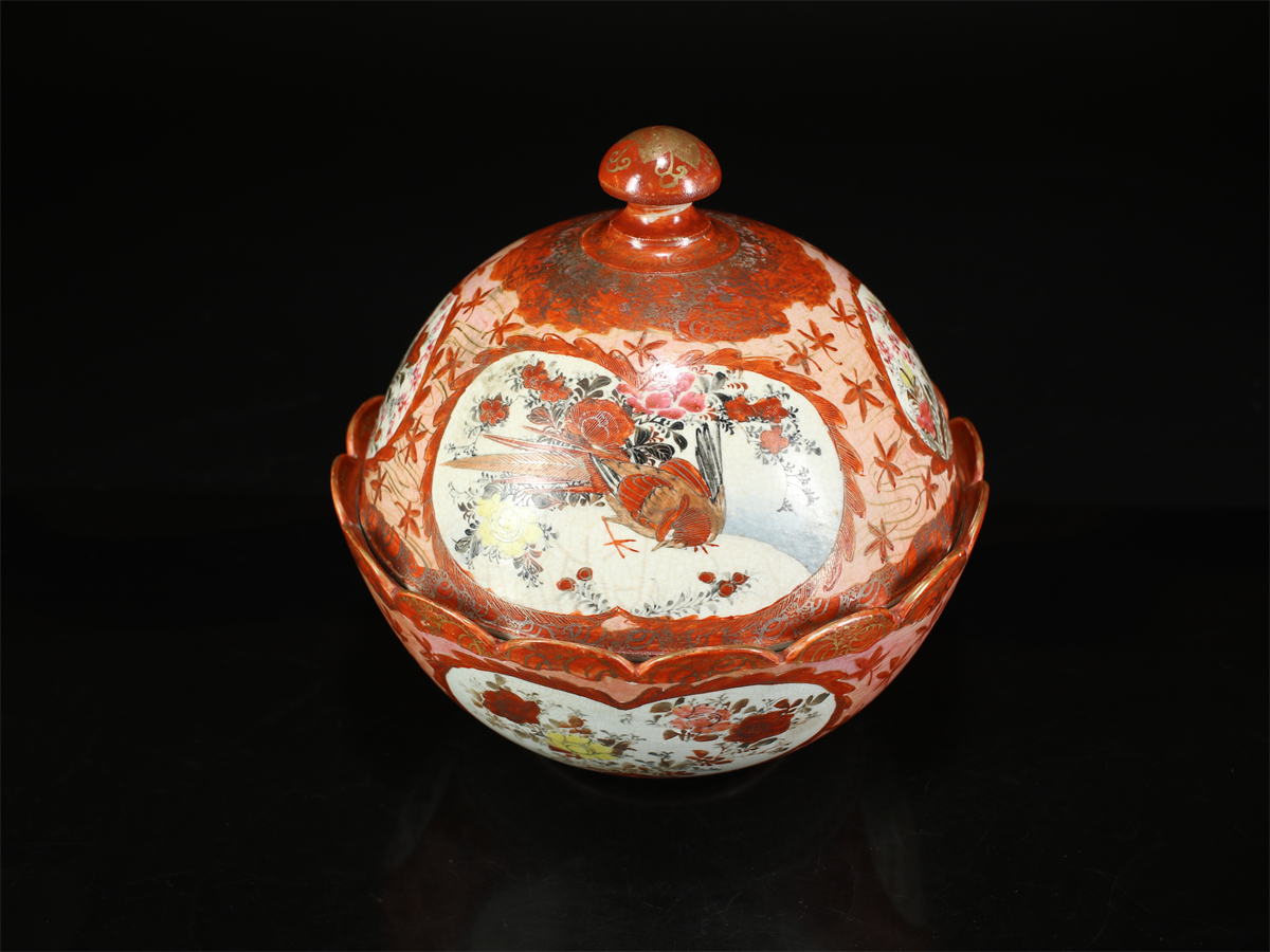 CA852 明治時代 【九谷焼】 赤九谷 蓋物 お菓子器／美品 s！ h 