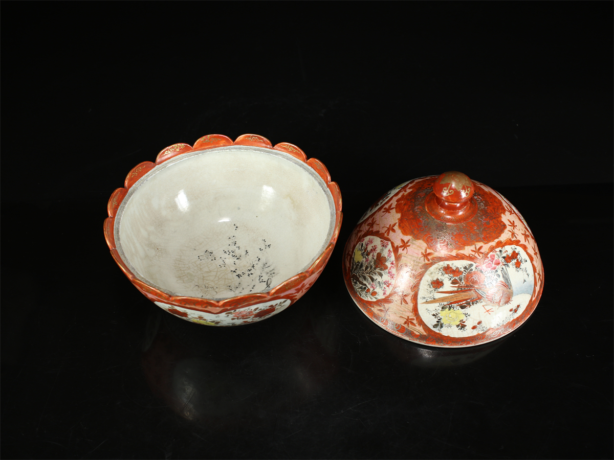 CA852 明治時代 【九谷焼】 赤九谷 蓋物 お菓子器／美品 s！ h 