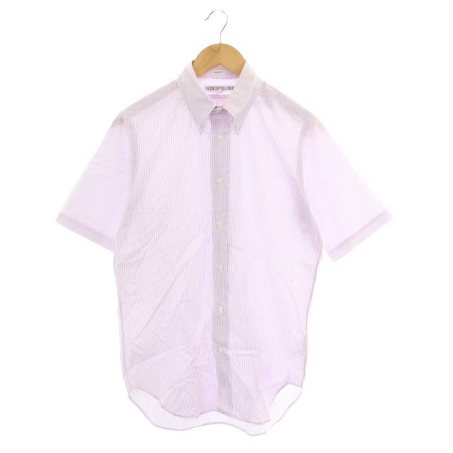 インディビジュアライズドシャツ SLIMFIT半袖ストライプBDシャツ ボタンダウン 15 1/2 白 紫 ホワイト パープル ■OS メンズ