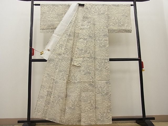 着物屋ほのか□夏物 結城紬 夏結城 流水風景花文 反端付き 逸品 hv2046