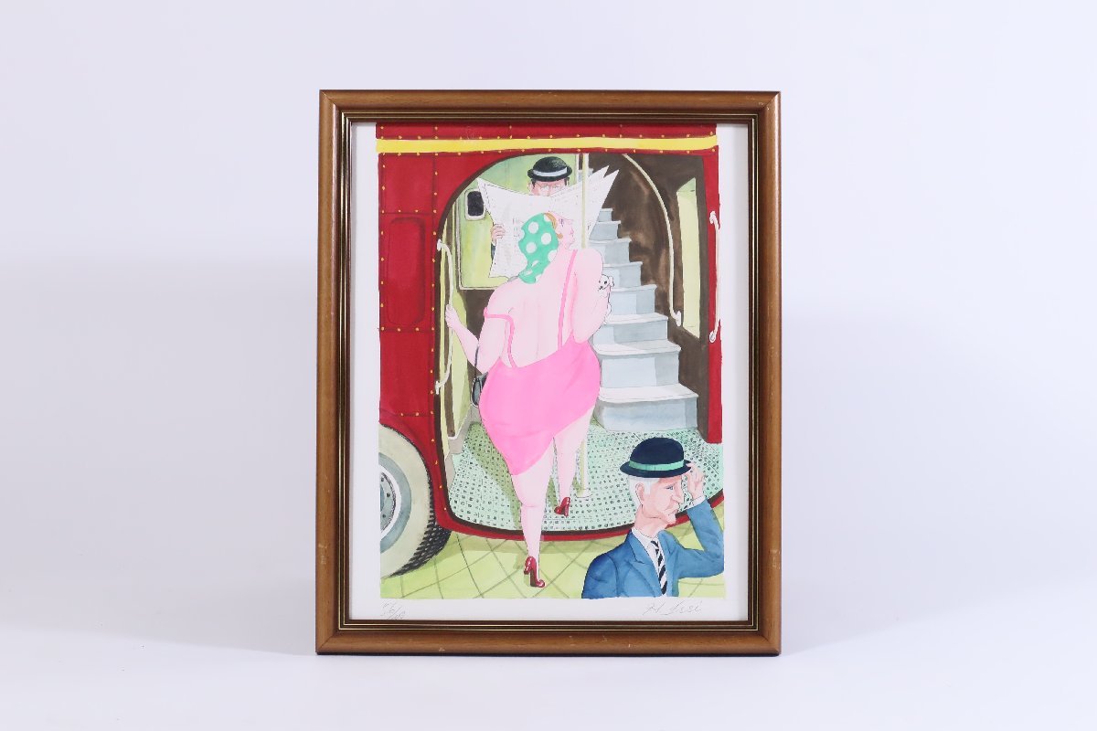 特価◯絵画　スト−ンリトグラフ版画　額装品 浜松一誓「乗車」56/100 リトグラフ 額装品 / 版画 手彩色 【公式通販】