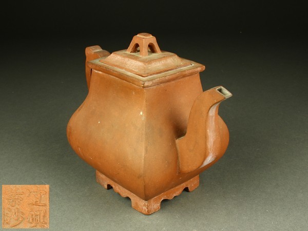 宇】GC269 唐物 宜興柴砂 朱泥急須 四方急須 煎茶道具 唐物