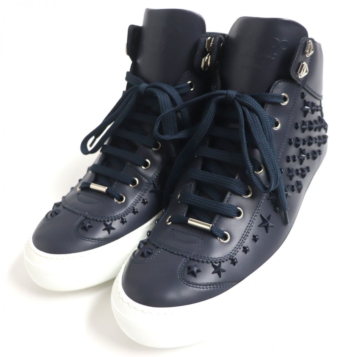 未使用品▼JIMMY CHOO ジミーチュウ ARGYLE スタースタッズ レザーハイカットスニーカー ネイビー×ホワイト 43 メンズ 伊製 箱・袋付き