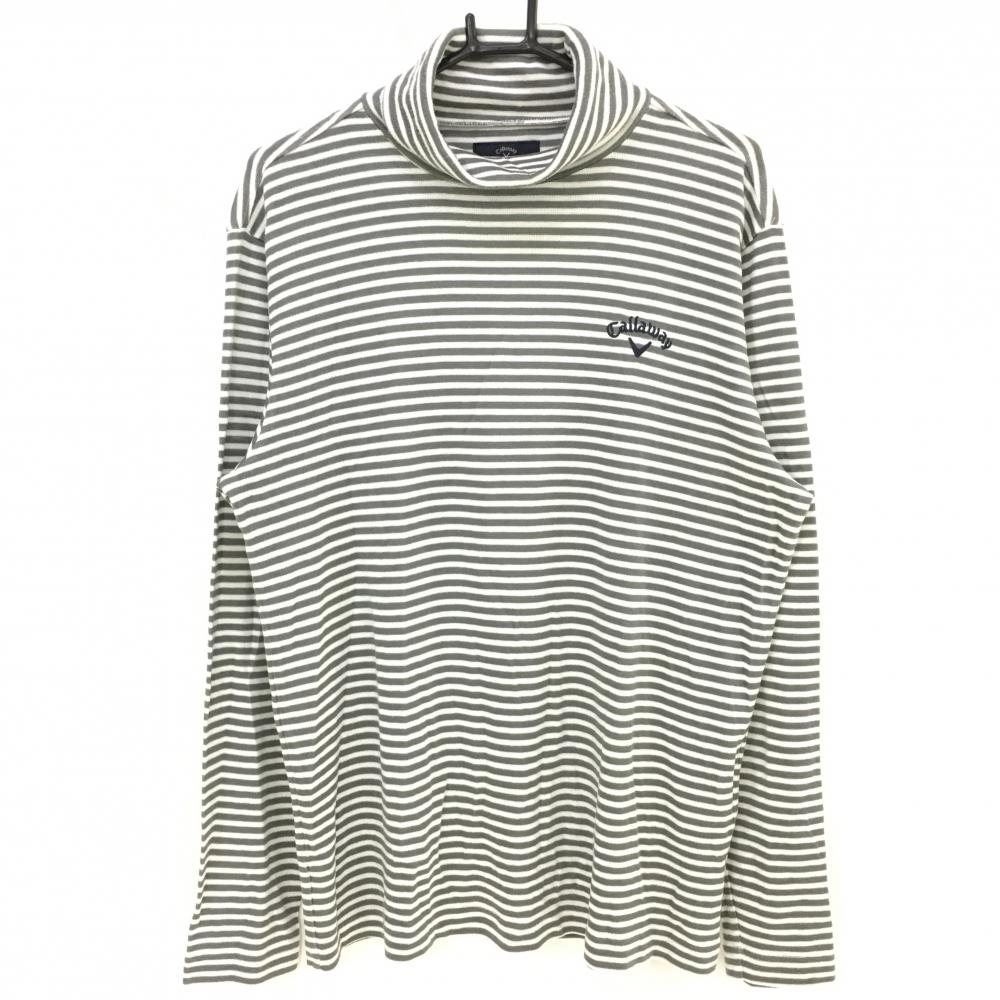 【美品】キャロウェイ 長袖タートルネックシャツ グレー×白 ボーダー アクリル混 ハイネック メンズ LL ゴルフウェア Callaway