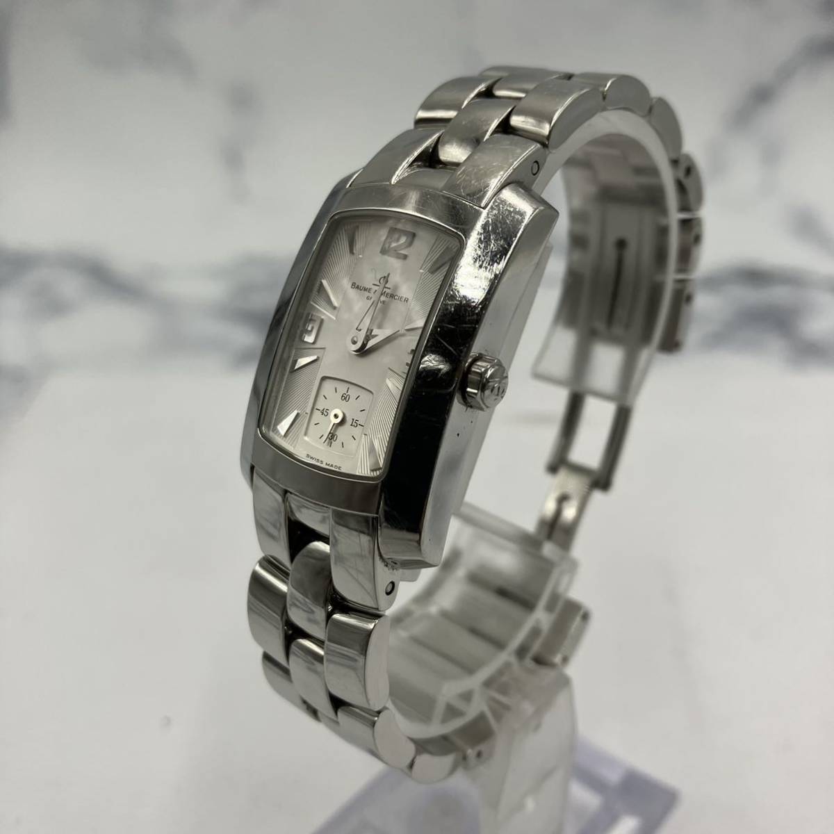 ☆【売り切り】BAUME&MERCIERボーム&メルシエ クォーツ レディース腕時計 白文字盤 スモセコ 3612017 SSベルト スクエアケース 稼動品