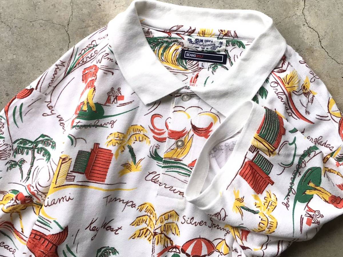 BEAMS GOLF×SUN SURF 吸汗速乾 ポロシャツ L ビームスゴルフ 東洋エンタープライズ 別注 ゴルフウェア メンズ 半袖 総柄 アロハシャツ