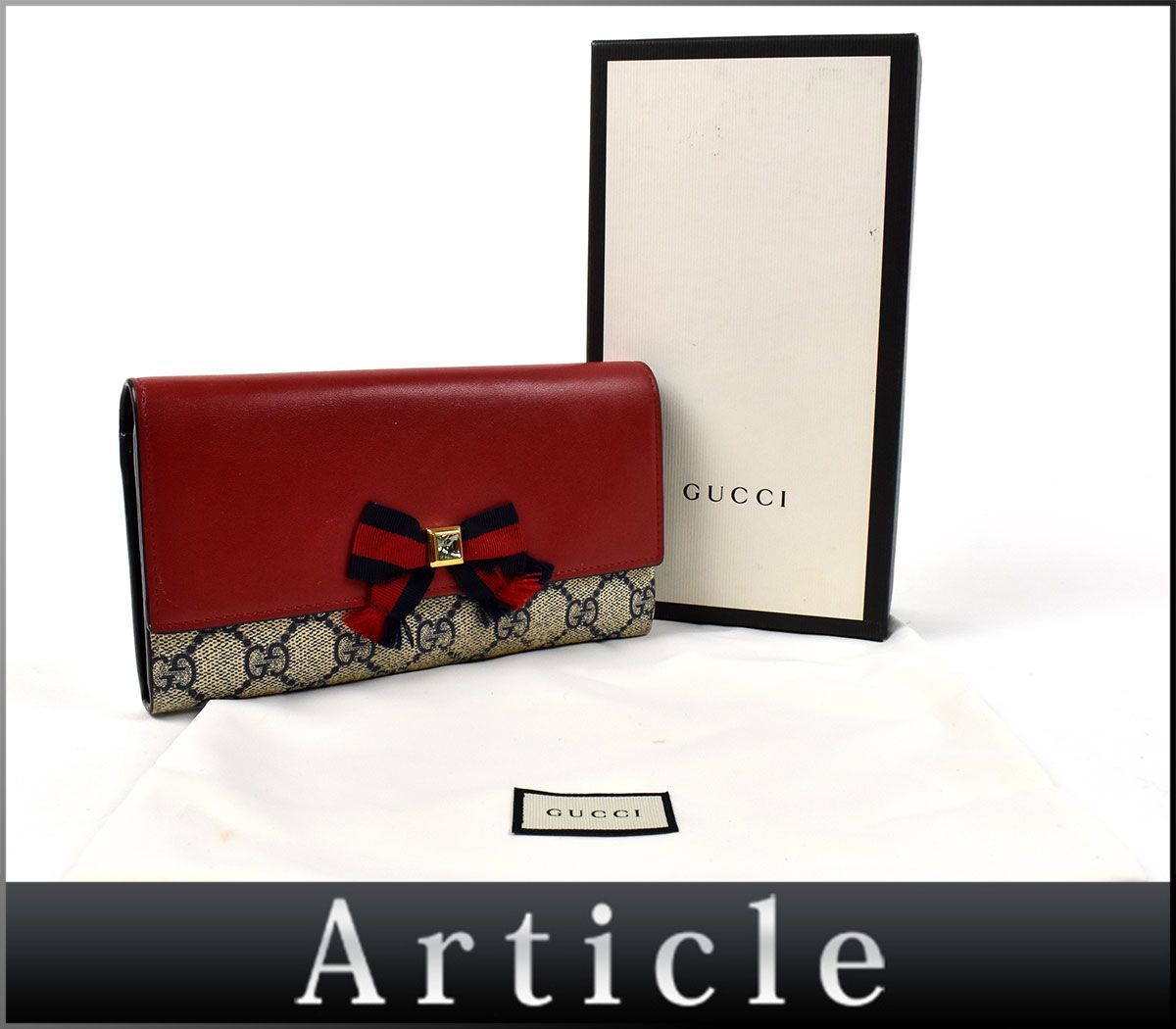 148770▲ GUCCI グッチ プリンシー GG柄 GGスプリーム ウェブ リボン 二つ折り長財布 ウォレット 432253 レザー レッド ネイビー/ C