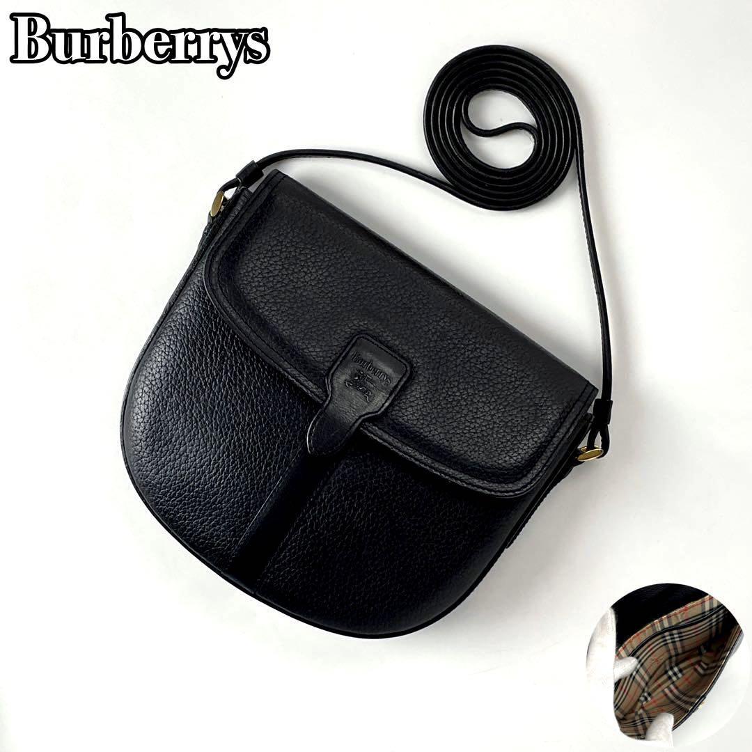 美品●BURBERRYS バーバリー ショルダーバッグ ホースロゴ 型押し ノバチェック シャドーホース 斜め掛け ゴールド金具 レザー 黒 ブラック