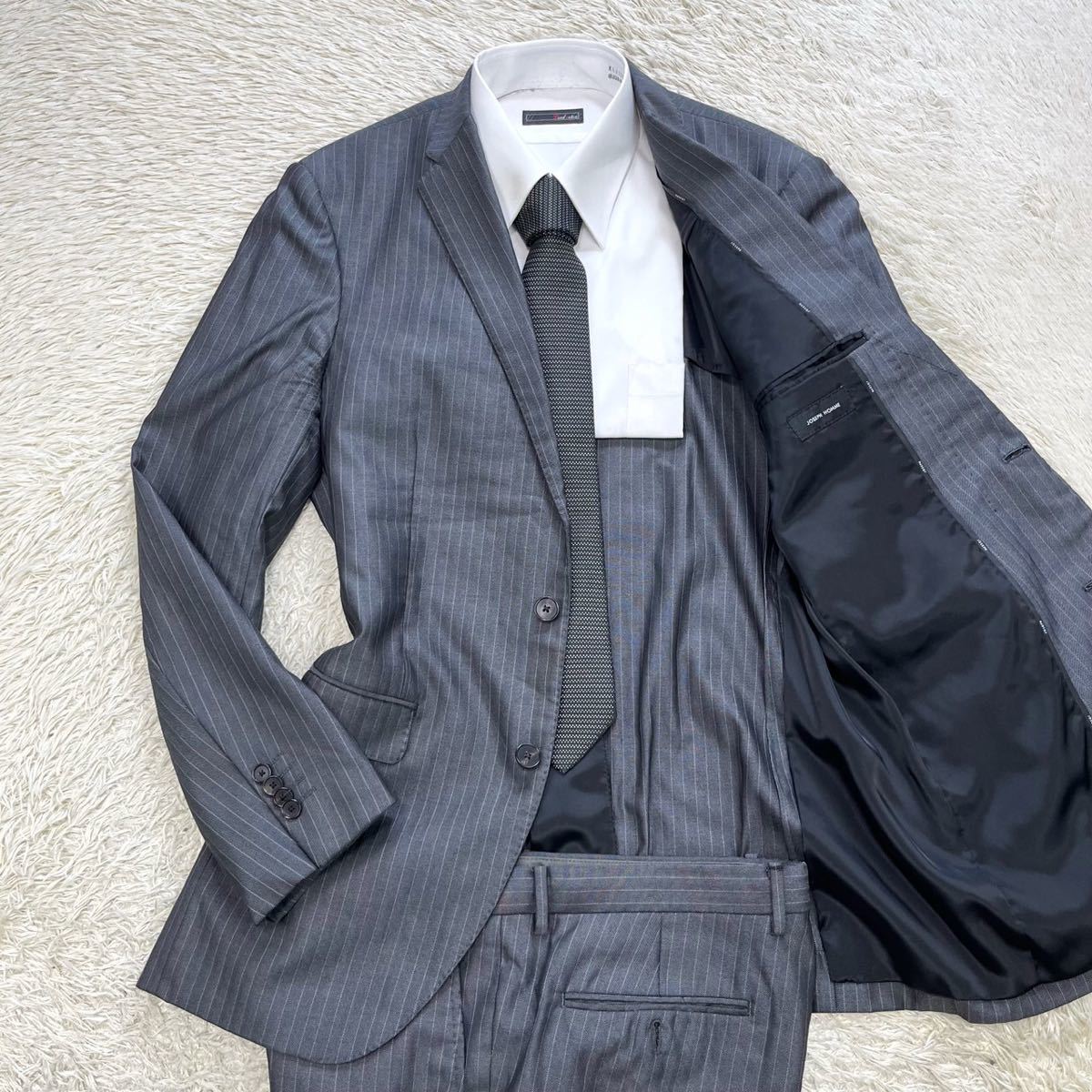 希少サイズ！ジョセフオム【至高の逸品】JOSEPH HOMME スーツ　セットアップ　テーラードジャケット　ストライプ　光沢　グレー　XL位