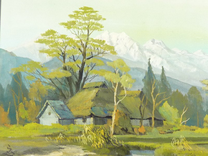 都屋】16 榎本良一「安曇野」F10号 日本画 共シール 画寸法 約52.5cm