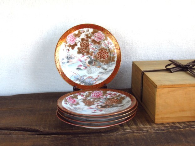 九谷　織田製　染錦　六寸皿　五客　箱入り　明治　骨董