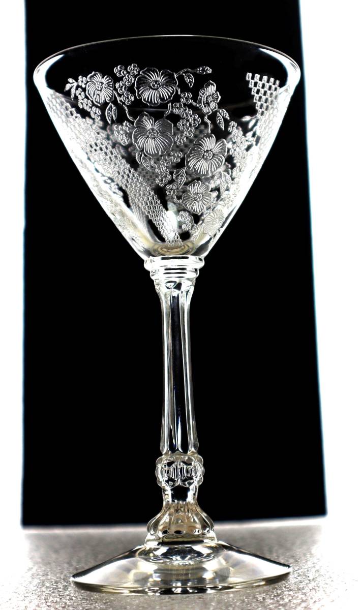 242★検 オールド バカラ グラス ）ヘイシー グラス Heisey glass 花と幾何学柄 シャンパン グラス◆◆アンティーク グラス