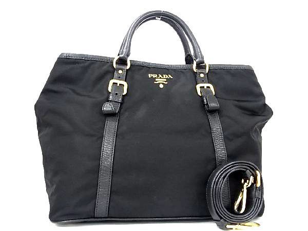 1円 ■美品■ PRADA プラダ テスートナイロン 2WAY ハンドバッグ トート ショルダーバッグ 斜め掛け レディース ブラック系 AN9998